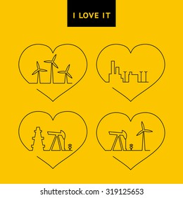 Energy technology silhouette design set. Wind turbines generating electricity.   Street light with lamps near the flat house.  Green energy. Equipment for oil research and drilling well.