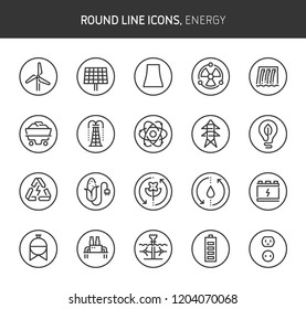 Energy theme, round line icons. The illustrations are vector , editable stroke, 64x64, pixel perfect files.  