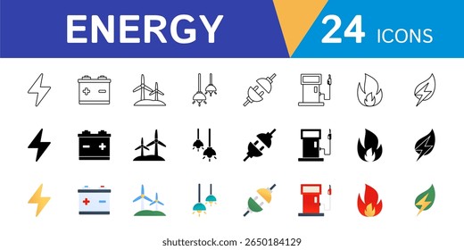 Energy theme web icon set in modern style. Design symbols of electricity, batteries, wind turbines, chandeliers and more.