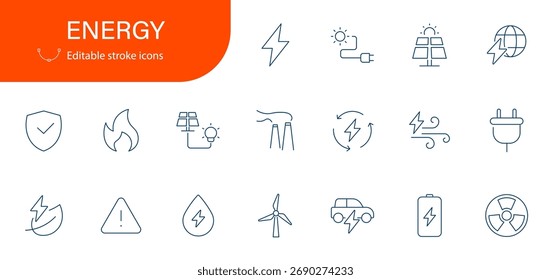 Conjunto de ícones com tema de energia, com ícones editáveis de vetor de traçado.