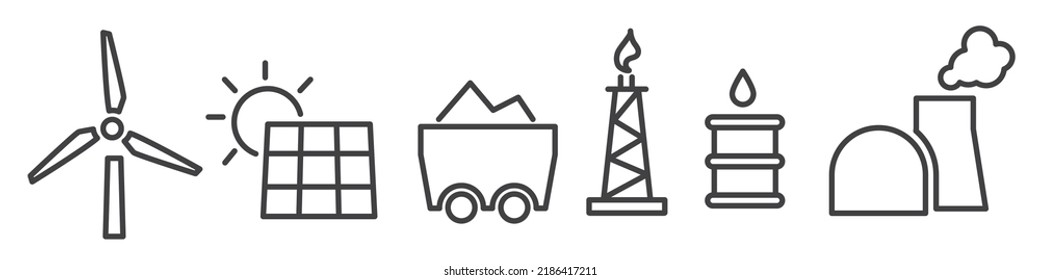 Energy Thin Line Icons Collection - Solar, Wind Power, Nuclear Power Plant, Natural Gasoline, Coal And Oil Production - Vector Illustration Concept