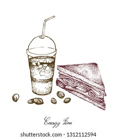 Energy Time, Illustration Hand Drawn Sketch of Delicious Homemade Freshly Healthy Whole Grain Bread Sandwich with Iced Coffee Isolated on White Background.