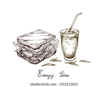 Energy Time, Illustration Hand Drawn Sketch of Delicious Homemade Freshly Healthy Whole Grain Bread Sandwich with Iced Coffee Isolated on White Background.
