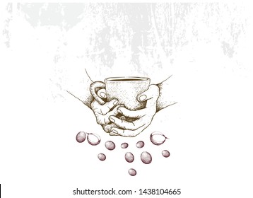 Energy Time, Illustration Hand Drawn Sketch of Hand Holding A Cup of Coffee with Assorted Roasted Coffee Beans.