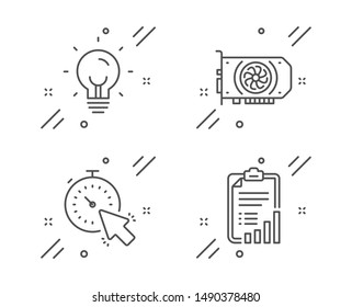 Energy, Timer and Gpu line icons set. Checklist sign. Lightbulb, Time management, Graphic card. Graph report. Technology set. Line energy outline icon. Vector