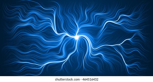 energy trails abstract with curved lines. beam on center. blue version.