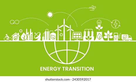 ENERGY TRANSITION. Transition to environmentally friendly world concept.  Ecology infographic. Green power production. Transition to renewable alternative energy. Vector webdesign. 