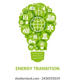 TRANSICIÓN ENERGÉTICA. Transición al concepto de un mundo respetuoso con el medio ambiente.  Infografía de ecología. Producción de energía verde. Transición a energías alternativas renovables. Diseño web vectorial. 