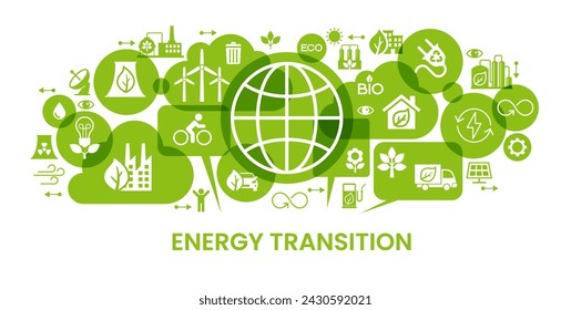 TRANSICIÓN ENERGÉTICA. Transición al concepto de un mundo respetuoso con el medio ambiente.  Infografía de ecología. Producción de energía verde. Transición a energías alternativas renovables. Diseño web vectorial. 