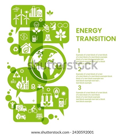 ENERGY TRANSITION. Transition to environmentally friendly world concept.  Ecology infographic. Green power production. Transition to renewable alternative energy. Vector webdesign. 