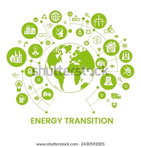ENERGY TRANSITION. Transition to environmentally friendly world concept.  Ecology infographic. Green power production. Transition to renewable alternative energy. Vector webdesign. 