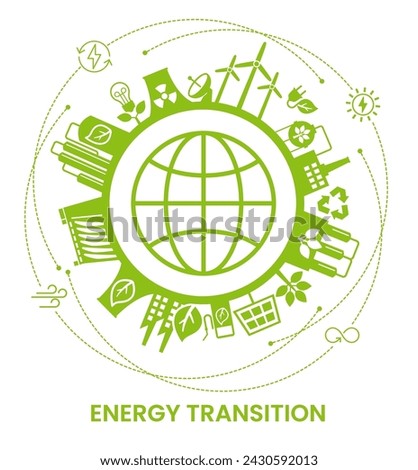 ENERGY TRANSITION. Transition to environmentally friendly world concept.  Ecology infographic. Green power production. Transition to renewable alternative energy. Vector webdesign. 