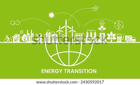 ENERGY TRANSITION. Transition to environmentally friendly world concept.  Ecology infographic. Green power production. Transition to renewable alternative energy. Vector webdesign. 