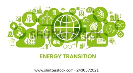 ENERGY TRANSITION. Transition to environmentally friendly world concept.  Ecology infographic. Green power production. Transition to renewable alternative energy. Vector webdesign. 