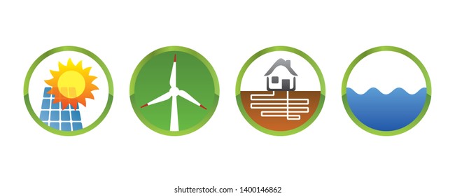 Energy Transition Icons - Electricity Out Of  Solar Wind Earth Water - Vector Illustration Icons