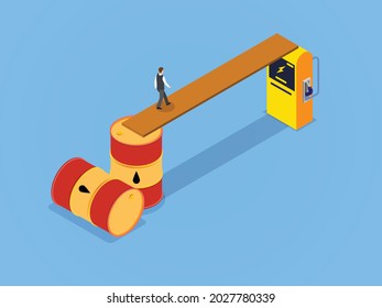 Energy Transition Isometric Vector Concept. Businessman Walking From Oil Barrel To Electricity Energy.