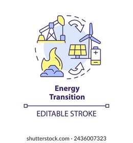 Icono de concepto de transición energética multicolor. Tecnologías ecológicas, descarbonización. Baterías ecológicas. Ilustración de línea de forma redonda. Idea abstracta. Diseño gráfico. Fácil de usar en folleto, folleto