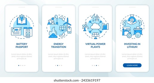 Energy transition revolution blue onboarding mobile app screen. Walkthrough 4 steps editable graphic instructions with linear concepts. UI, UX, GUI template. Myriad Pro-Bold, Regular fonts used