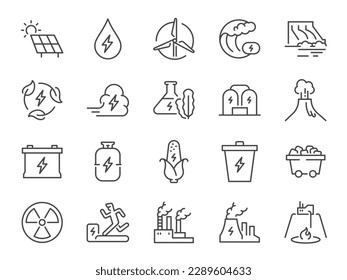 Energy types icon set. It included solar power, wind energy, coal, gas, electricity, and more icons.