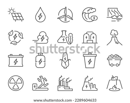 Energy types icon set. It included solar power, wind energy, coal, gas, electricity, and more icons.