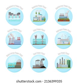 Energy types icon set. Power stations sign collection. Modern technology, ecological no emissions industry, sustainability concept. Symbol, emblem. Editable vector illustration in cartoon style. 