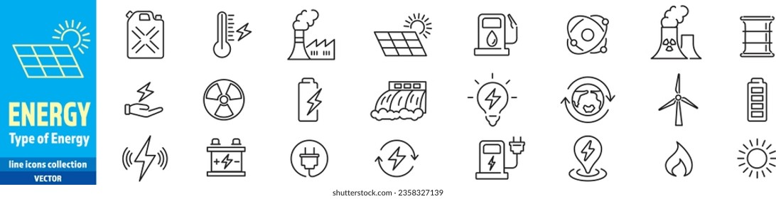 Energy Types of Energy icons collection editable stroke  Hydroelectric Solar Electricity Water fire Power Supply, coal mine Vector illustration.