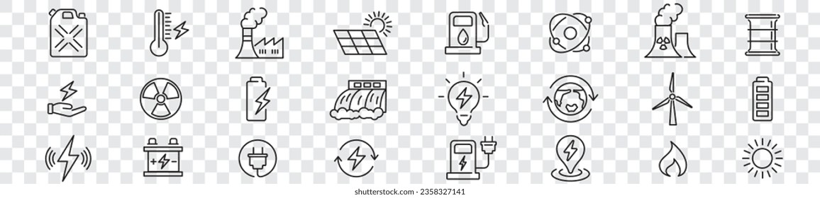 Energy Types of Energy icons collection editable stroke  Hydroelectric Solar Electricity Water fire Power Supply, coal mine Vector illustration.