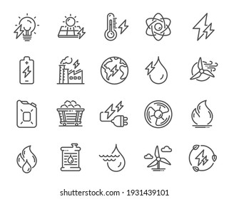 Energy types line icons. Coal Trolley, Solar Panels, Hydroelectric Power icons. Sustainable Electricity, Battery Energy, Fuel canister. Windmill power, Coal mine and Hydroelectricity. Vector