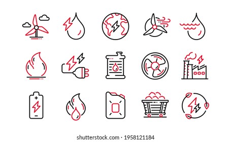 Energy types line icons. Coal Trolley and Hydroelectric Power icons. Sustainable Electricity, Battery Energy, Fuel canister. Windmill power, Coal mine and Hydroelectricity. Linear set. Vector