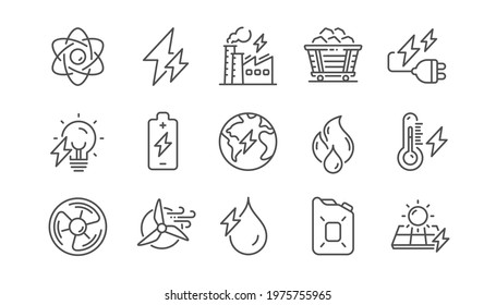 Energy types line icons. Coal Trolley, Solar Panels, Hydroelectric Power icons. Sustainable Electricity, Battery Energy, Fuel canister. Windmill power, Coal mine and Hydroelectricity. Vector