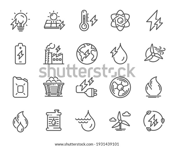 Energy types line icons. Coal Trolley, Solar\
Panels, Hydroelectric Power icons. Sustainable Electricity, Battery\
Energy, Fuel canister. Windmill power, Coal mine and\
Hydroelectricity.\
Vector