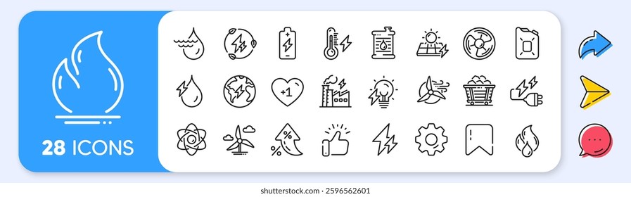 Energy types line icons. Interest rate, AI generate, Inflation icons. Coal Trolley, Solar Panels, Hydroelectric Power icons. Sustainable Electricity, Battery Energy, Fuel canister. Vector
