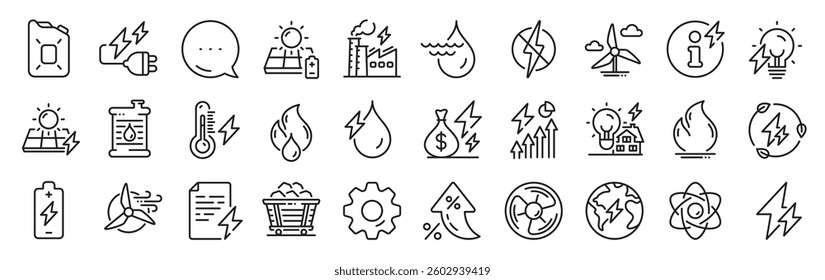 Energy types line icons. Settings gear, Message, Inflation icons. Coal Trolley, Solar Panels, Hydroelectric Power icons. Sustainable Electricity, Battery Energy, Fuel canister. Vector