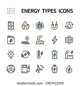 Energy types vector icons set. Color symbols of ecology. Solar cells, water, battery, plant, windmill, gas and more. Isolated collection of energy types for web sites icon on white background.