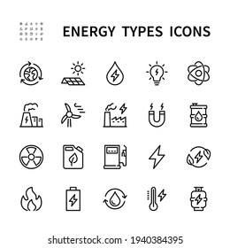 Energy types vector linear icons set. Types of energy. Plant, solar cells, water, battery, windmill, gas and more. Isolated collection of energy types for web sites icon on white background.