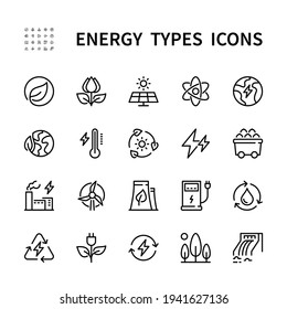 Energy types vector linear icons set. Types of energy. Hydroelectric, solar cells, plant, water, windmill, wind and more. Isolated collection of energy types for web sites icon on white background.