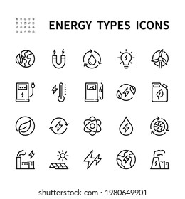 Energy types vector linear icons set. Types of energy. Electricity, solar cells, water, windmill, plant and more. Isolated collection of energy types for web sites icon on white background.