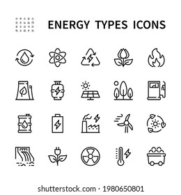 Energy types vector linear icons set. Types of energy. 
Water, solar cells, hydroelectric, plant, fire, wind and more. Isolated collection of energy types for web sites icon on white background.