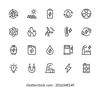 Tipos de energía conjuntos de iconos lineales vectoriales. Tipos de energía. Células solares, agua, batería, planta, molino de viento, gas y más. Colección aislada de tipos de energía para sitios web icono sobre fondo blanco.