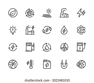Energy types vector linear icons set. Types of energy. Solar cells, water, windmill, plant, electricity and more. Isolated collection of energy types for web sites icon on white background.