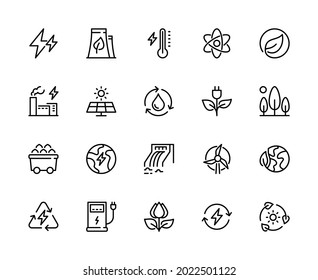 Energy Types Vector Linear Icons Set. Types Of Energy. Solar Cells, Water, Hydroelectric, Plant, Windmill, Wind And More. Isolated Collection Of Energy Types For Web Sites Icon On White Background.