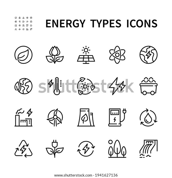 Energy types vector linear icons set. Types\
of energy. Hydroelectric, solar cells, plant, water, windmill, wind\
and more. Isolated collection of energy types for web sites icon on\
white background.