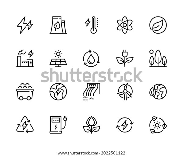 Energy types vector linear icons set. Types\
of energy. Solar cells, water, hydroelectric, plant, windmill, wind\
and more. Isolated collection of energy types for web sites icon on\
white background.