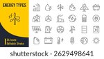 Energy Types web icons in line style. Solar cells, water, hydroelectric, fire, coal mine, collection. Vector illustration.
