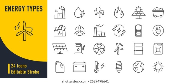 Energy Types web icons in line style. Solar cells, water, hydroelectric, fire, coal mine, collection. Vector illustration.