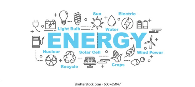 energy vector banner design concept, flat style with thin line art icons on white background
