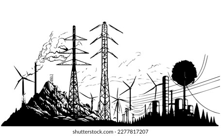 Energy vector black line illustration isolated white. Sketch art