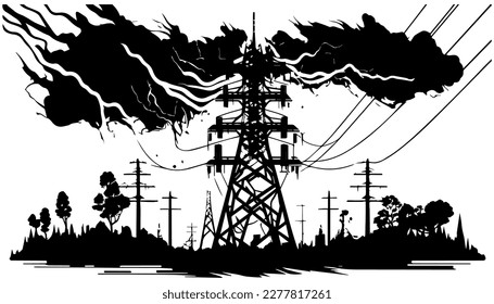 Energy vector black line illustration isolated white. Sketch art