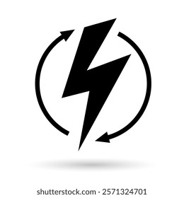 Energy vector line icon, power recharging symbol isolated on white background. Electricity simple web design, bolt shape and reload arrows.