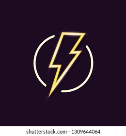 Energy vector symbol yellow neon for charged car station, electric power, lightning bolt logotype, wireless charging, ui, poster, t shirt. Thunder symbol. Storm pictogram. Flash light sign. 10 eps